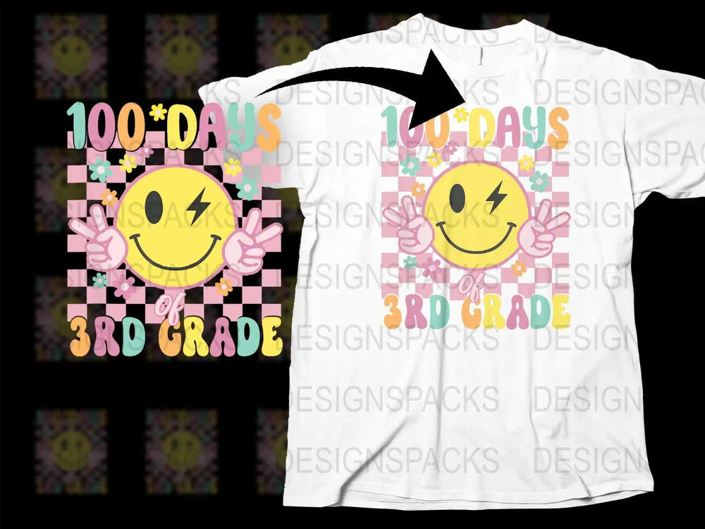 100 Days of 3rd Grade Celebration T-Shirt, Kids' Smiley Face Graphic Tee, Colorful School Milestone Shirt