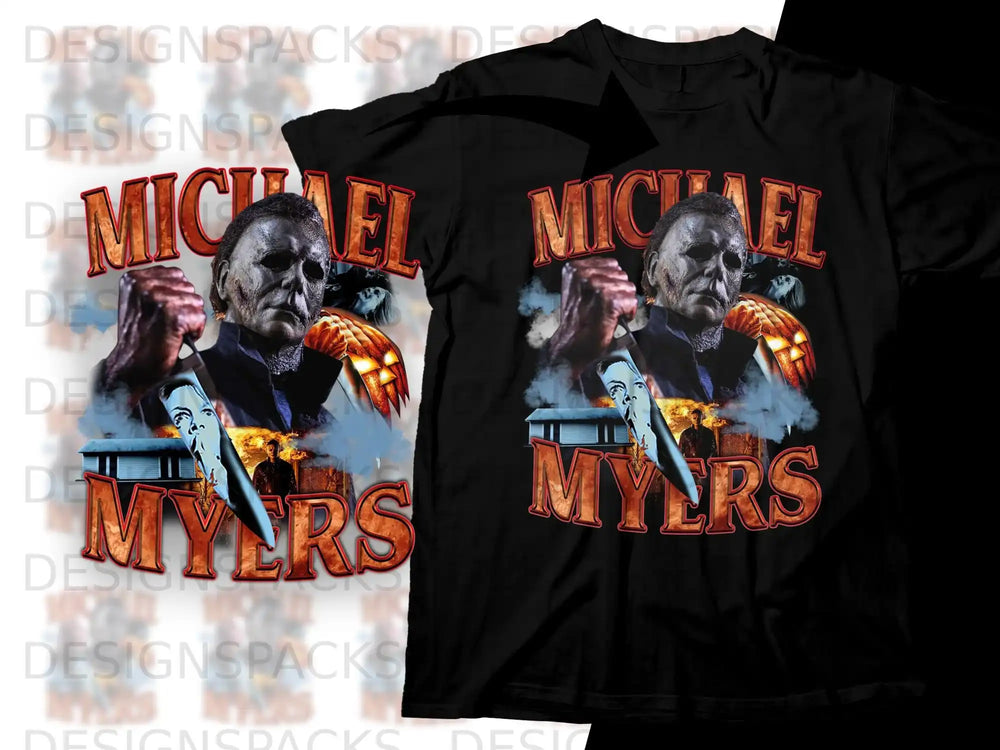 Michael Myers with knife and pumpkins on black t-shirt design.