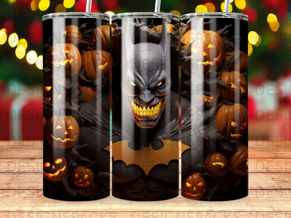 Batman figure surrounded by carved pumpkins and glowing lights.