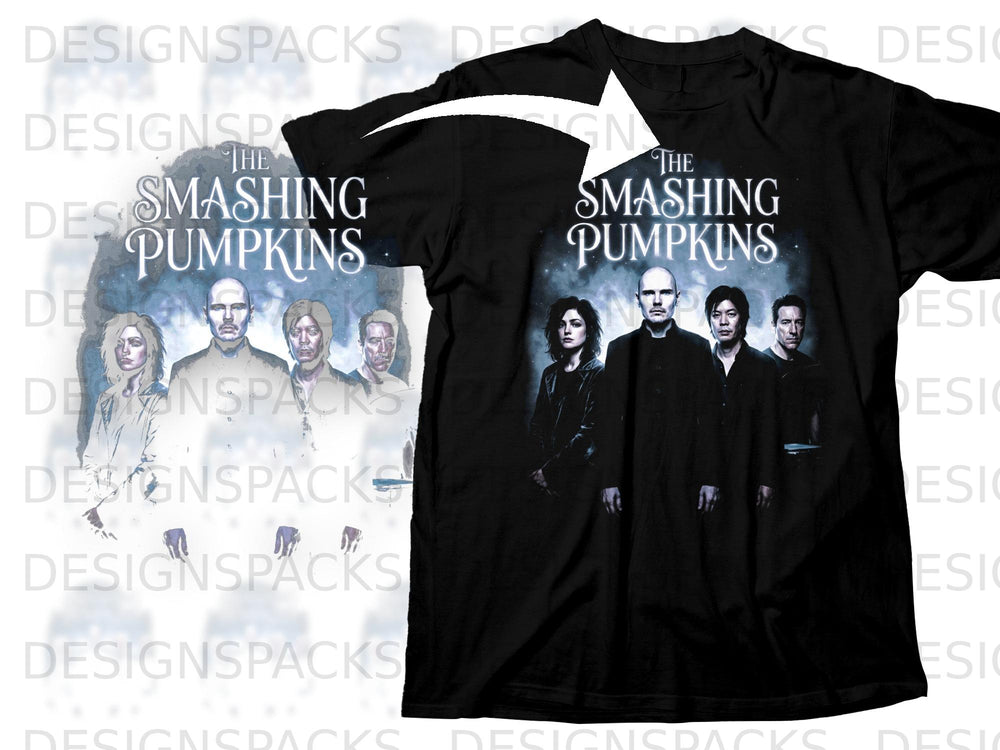 Black t-shirt with The Smashing Pumpkins band photo and title design.