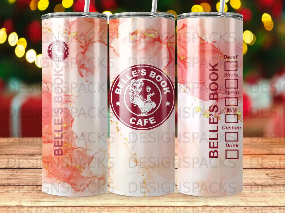 Tumbler with Belle's Book Cafe logo and drink ingredient labels.