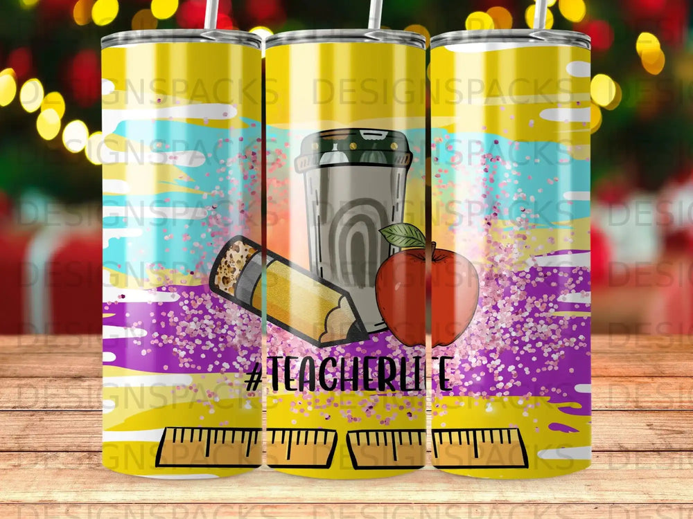 Tumbler with coffee cup, apple, and ruler design featuring "#TEACHERLIFE".