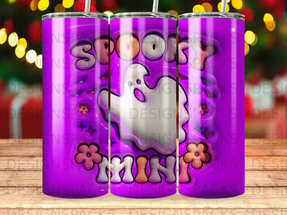 "Spooky Mini" text on a tumbler with a ghost and flowers.