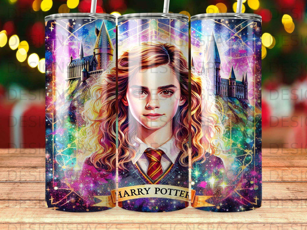 Harry Potter character with Hogwarts castle in starry, colorful background.