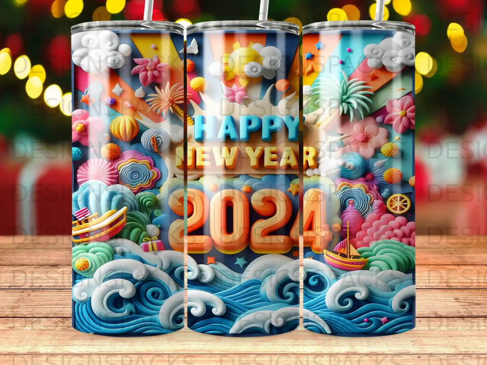 Happy New Year 2024 graphic with waves and colorful floral and cloud elements.