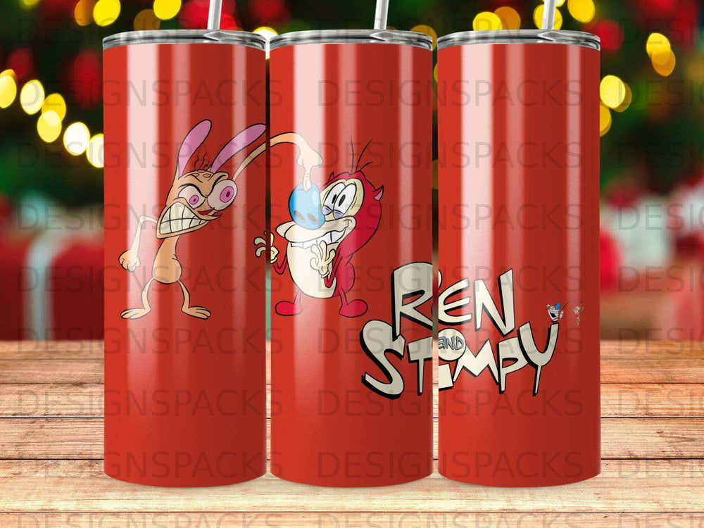 Ren & Stimpy cartoon characters on a red and gold speckled tumbler.