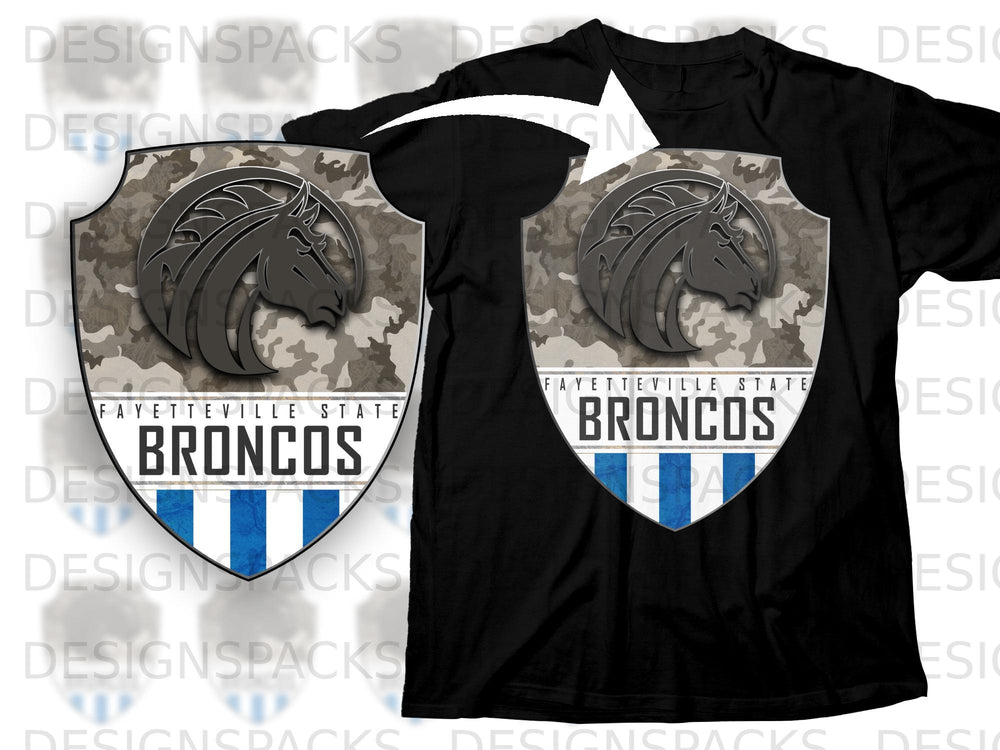 Black t-shirt with a shield logo featuring a horse head and "Fayetteville State Broncos".