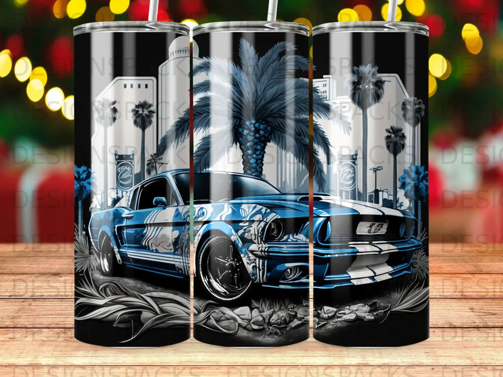 Blue and white stylized Ford Mustang with palm trees and cityscape background.