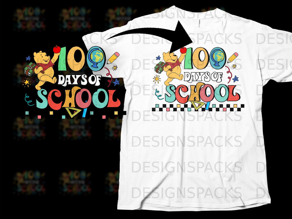 Winnie the Pooh celebrating "100 Days of School" with school-themed graphics.