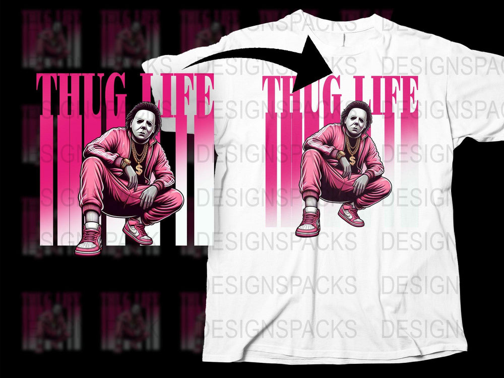 Thug Life Graphic T-Shirt, Street Art Style, Bold Pink and White Tee, Hip Hop Inspired Apparel