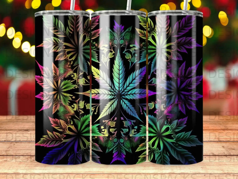 Colorful cannabis leaf mandala pattern on a black tumbler.