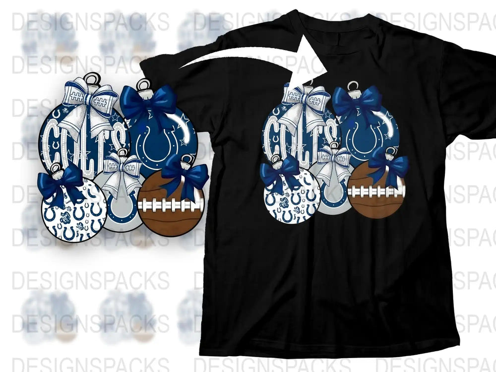 Football Christmas Ornaments T-Shirt, Sports Holiday Tee, Festive Graphic Shirt with Blue Bows, Gift for Fans