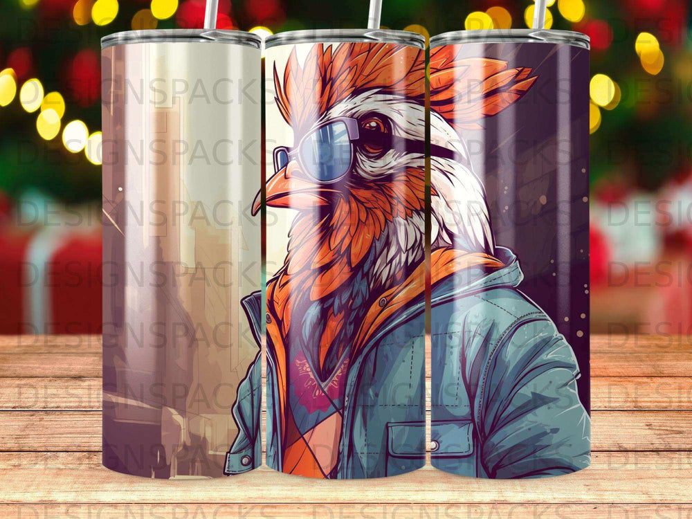 Rooster wearing sunglasses and a jacket, against a colorful background.