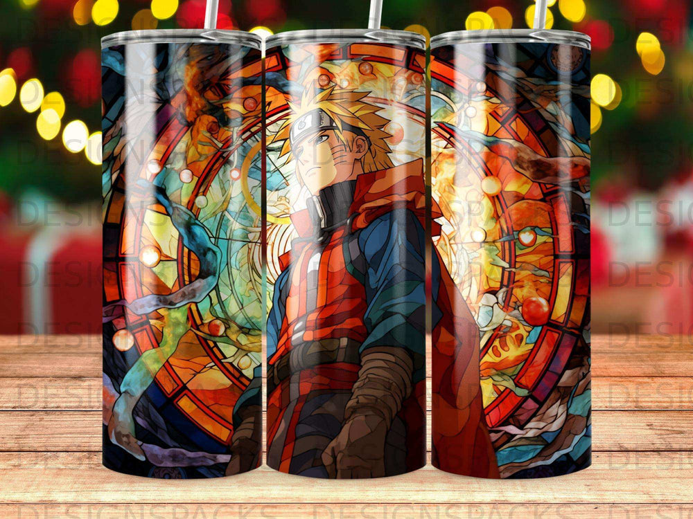 Naruto Uzumaki anime character in stained glass style with orange and blue hues.