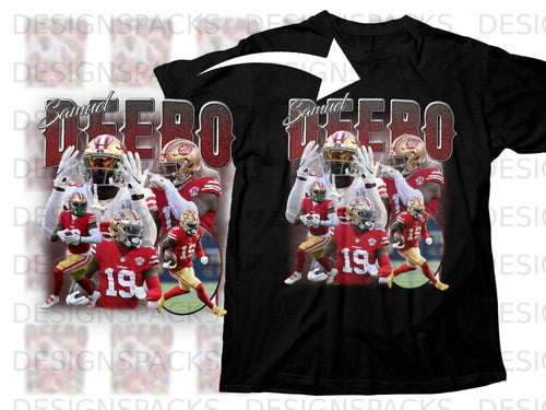 Black t-shirt with San Francisco 49ers players in a collage.