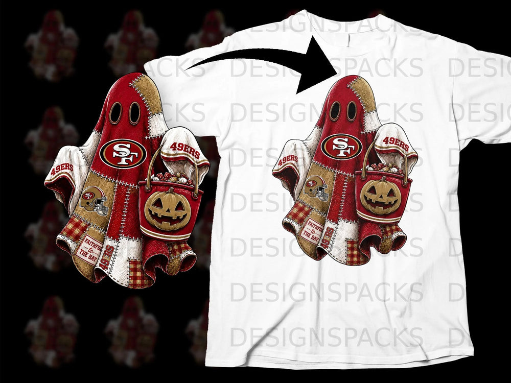 San Francisco 49ers logo ghost with candy bucket and pumpkin on a white t-shirt.