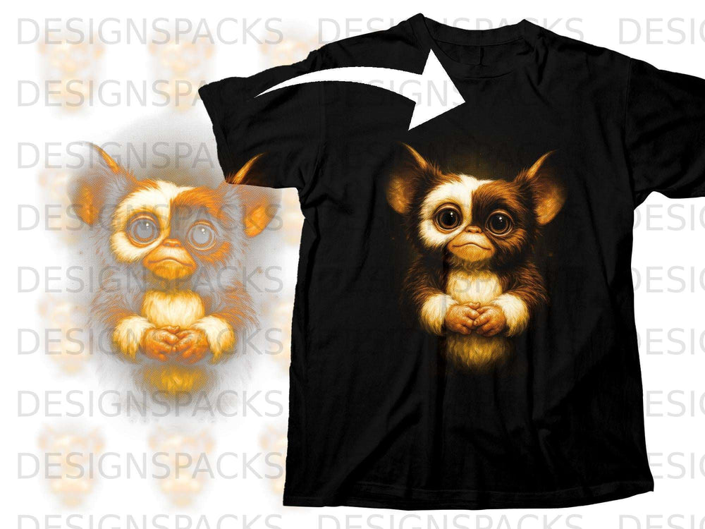 Black t-shirt featuring a fuzzy gremlin character with large eyes and white markings.