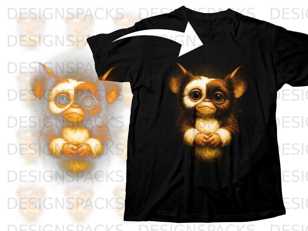 Black t-shirt featuring a fuzzy gremlin character with large eyes and white markings.