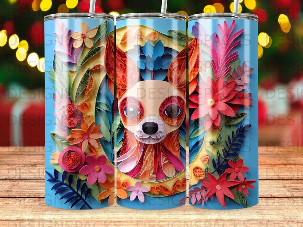 Chihuahua head emerging from colorful floral quilled paper art.
