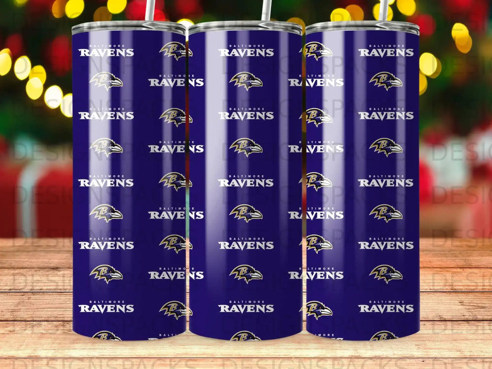 Purple tumbler with Baltimore Ravens logo repeated in a pattern.