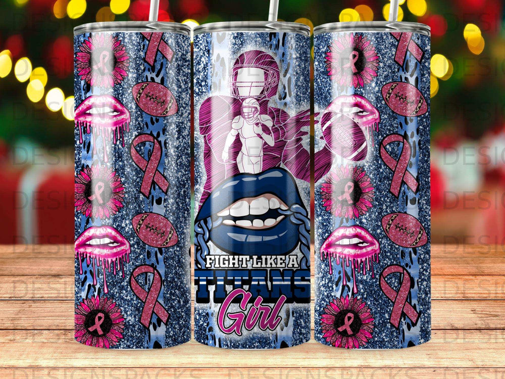Football player, lips, and pink ribbons on a tumbler with "Fight Like a Girl" text.