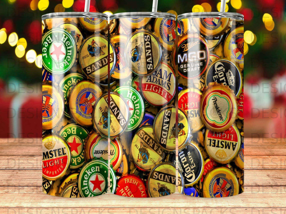 Tumbler with collage of beer bottle caps including Heineken, Amstel, Miller, and Corona.