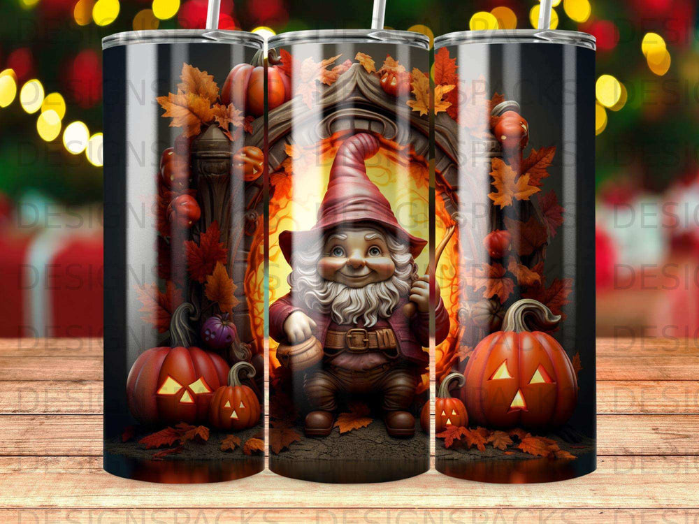 Gnome with pumpkins and autumn leaves in a doorway.