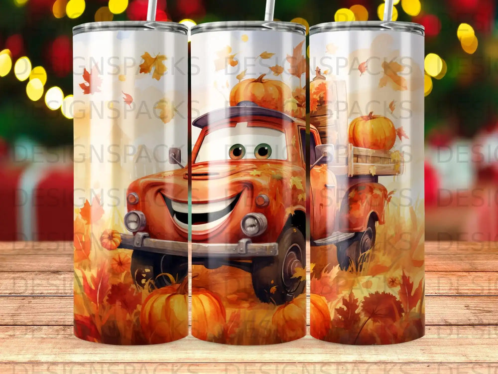 Halloween truck with pumpkins and fall leaves design.