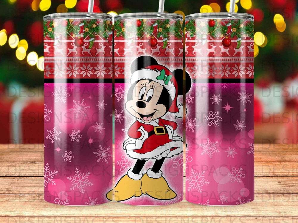 Minnie Mouse in Santa outfit with Christmas snowflakes and candy cane border.