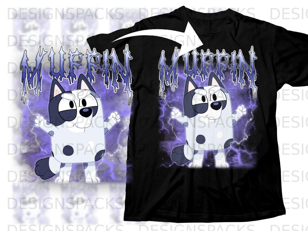 Black t-shirt featuring a cartoon dog and "MUFFIN" text with purple lightning.