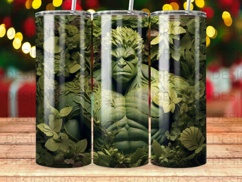 Hulk figure emerging from lush green foliage, on a cylindrical tumbler.