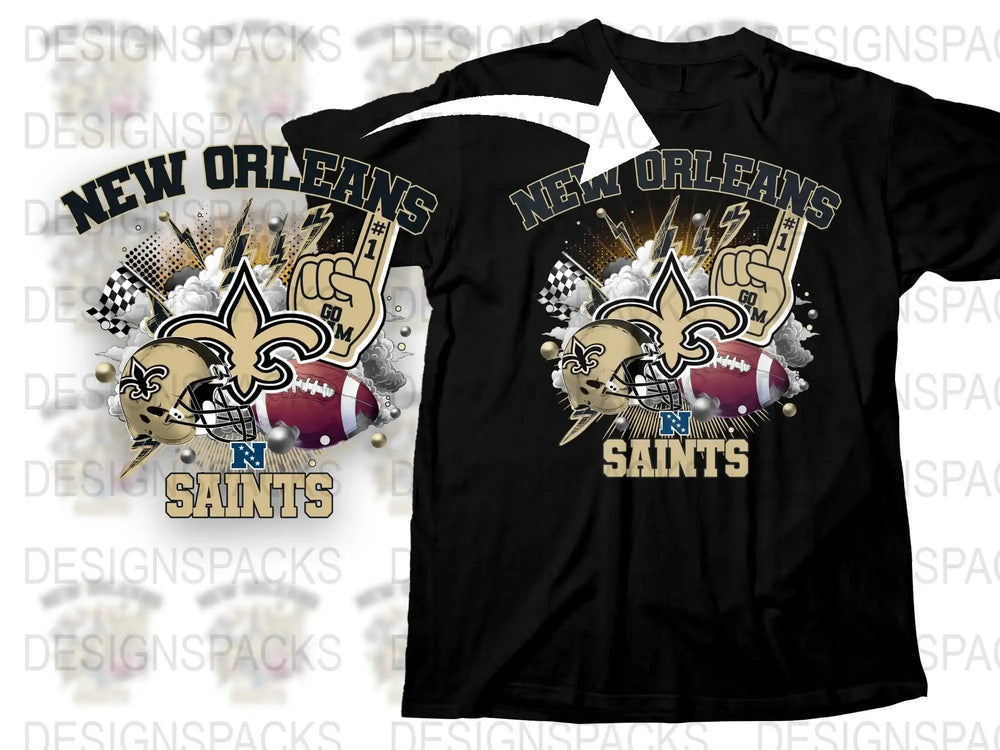 New Orleans Themed T-Shirt, Black Tee with Saints Football Graphic Design, Fan Apparel