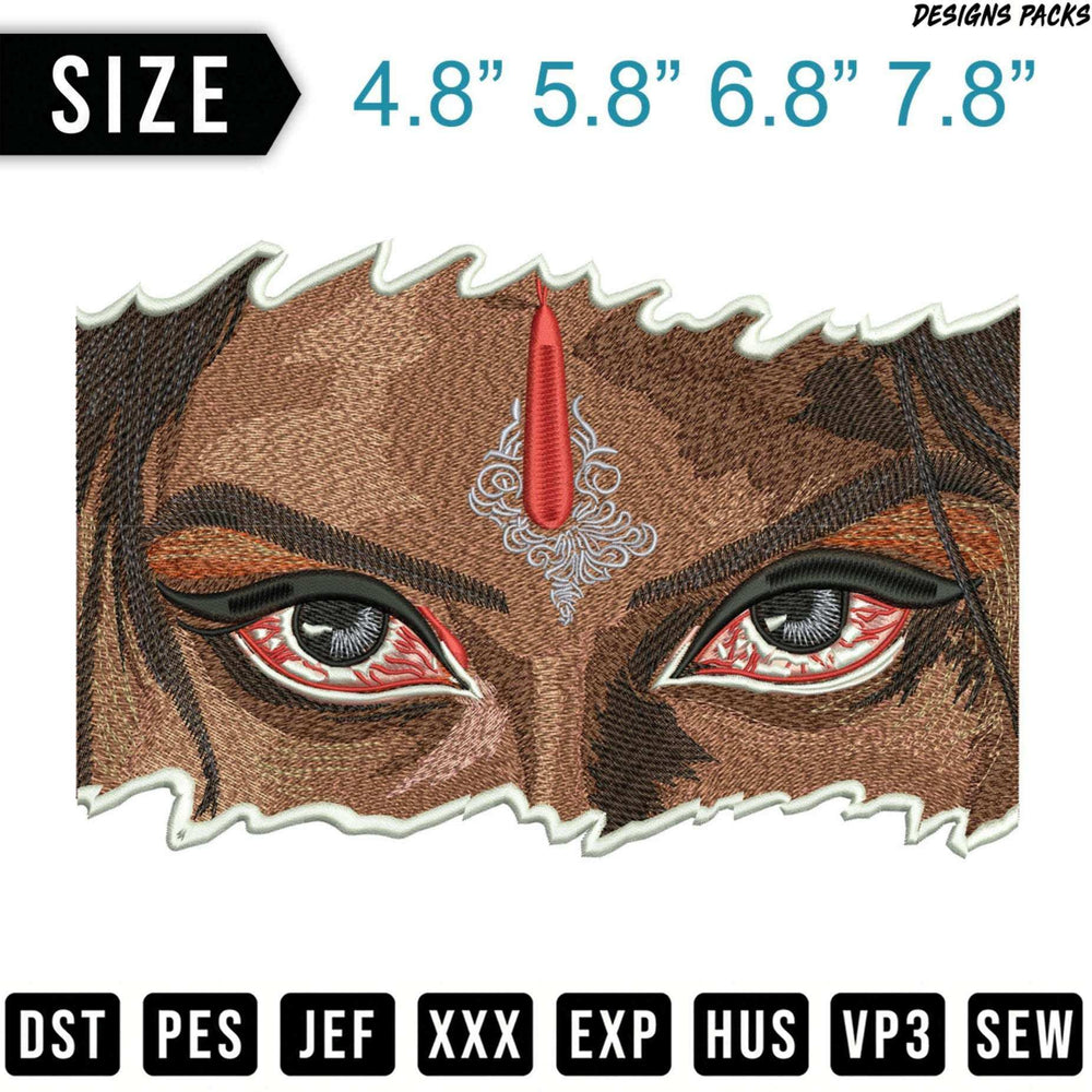 Close-up of embroidered Hindu deity's eyes with "DESIGNS PACKS" text.