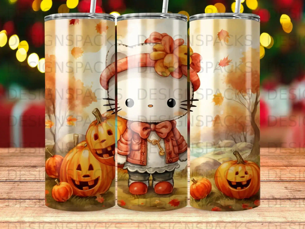 Hello Kitty with pumpkins in autumn scene.