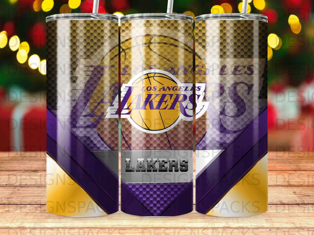 Los Angeles Lakers logo on a purple and gold hexagonal tumbler.