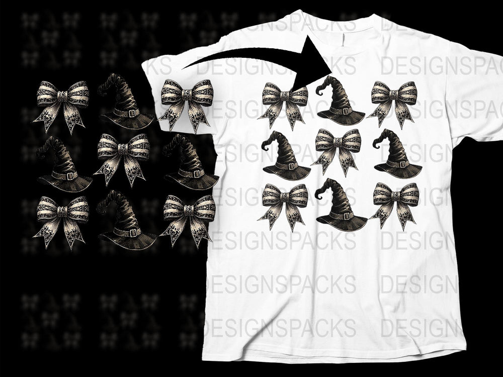Halloween Witch Hat Bows T-Shirt, Spooky October Apparel, Graphic Tee for All Ages, Unique Holiday Gift Ideas