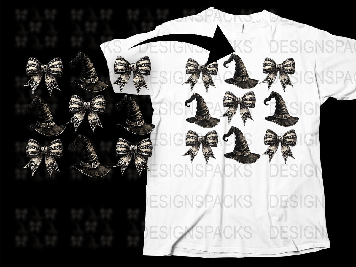 Halloween Witch Hat Bows T-Shirt, Spooky October Apparel, Graphic Tee for All Ages, Unique Holiday Gift Ideas