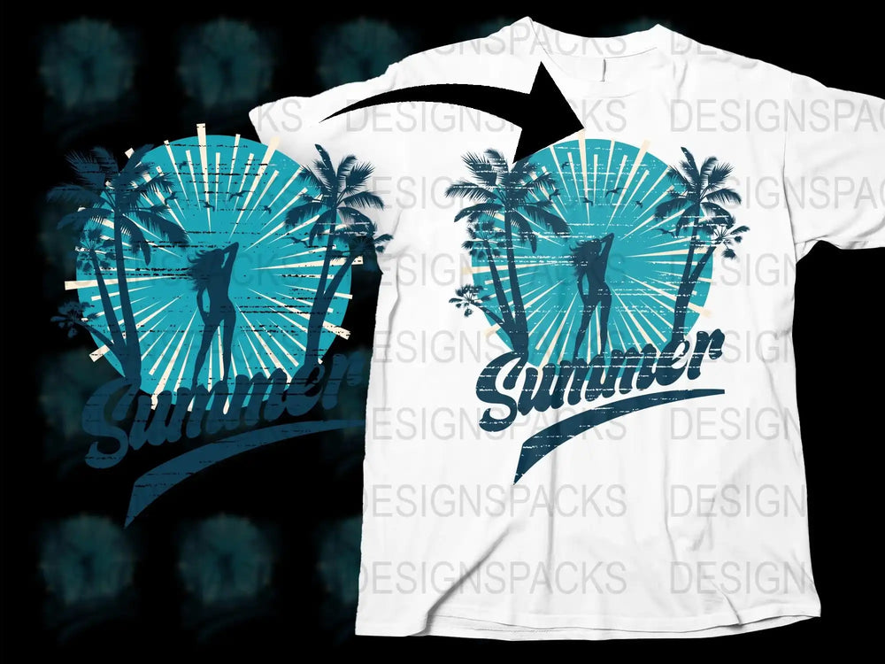 Tropical Summer T-Shirt, Palm Tree and Surfer Graphic, Beach Vacation Tee, Men's and Women's White Shirt