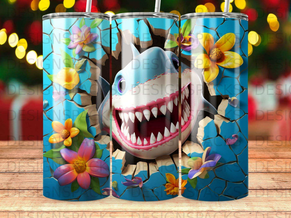 Shark breaking through colorful floral background with cracked wood texture.