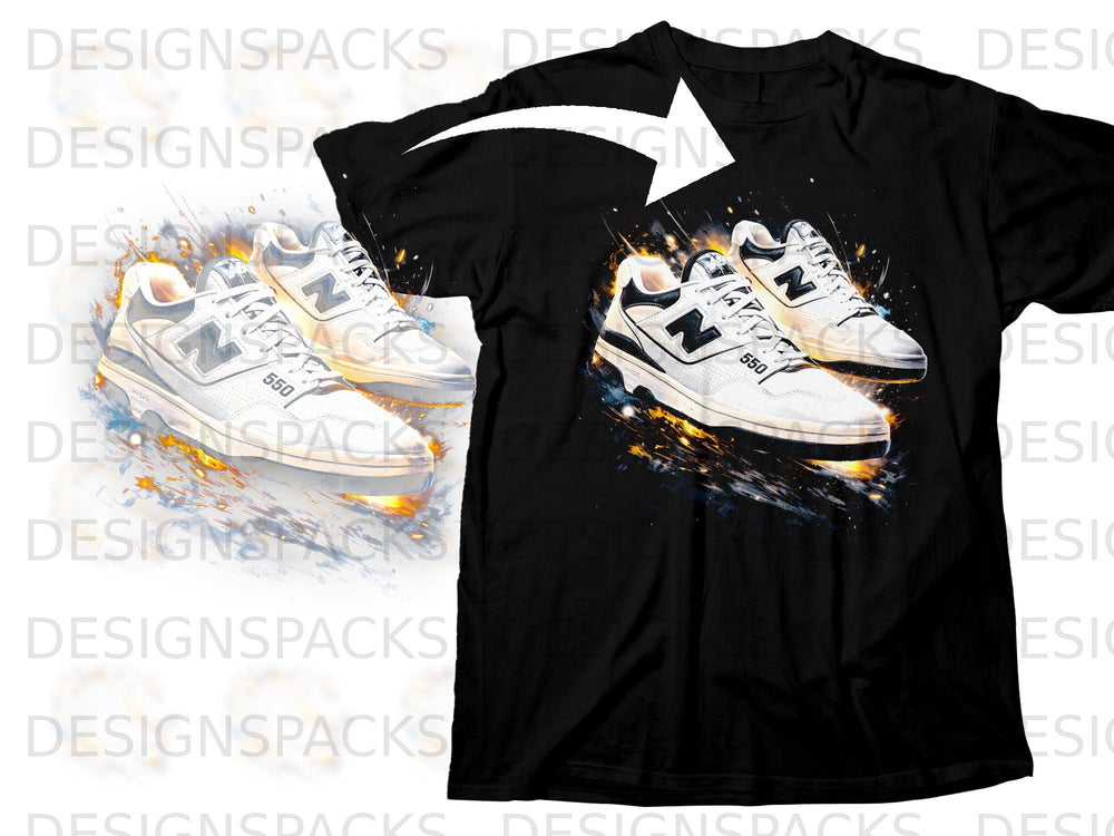 Black t-shirt with a graphic of white New Balance 550 sneakers with fiery accents.
