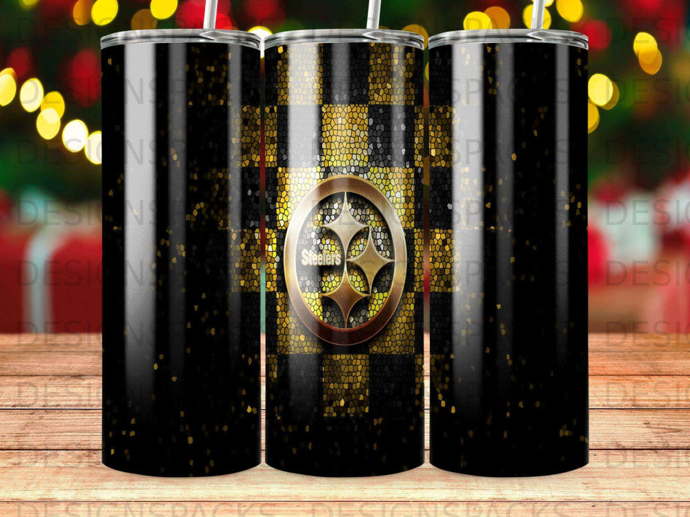 Pittsburgh Steelers logo on a black and gold checkered tumbler.