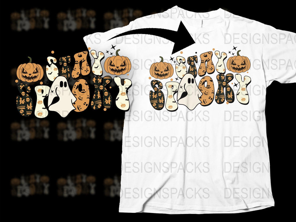 Halloween T-Shirt with Ghosts, Pumpkins, and Black Cats, Fun Spooky Graphic Tee for All Ages