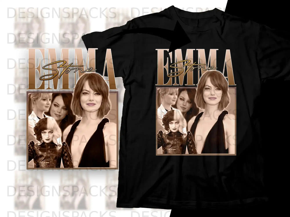 T-shirt with Emma Stone as Cruella, text reads "EMMA"