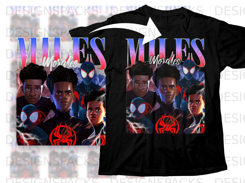 Black t-shirt with Miles Morales and Spider-Man graphic.