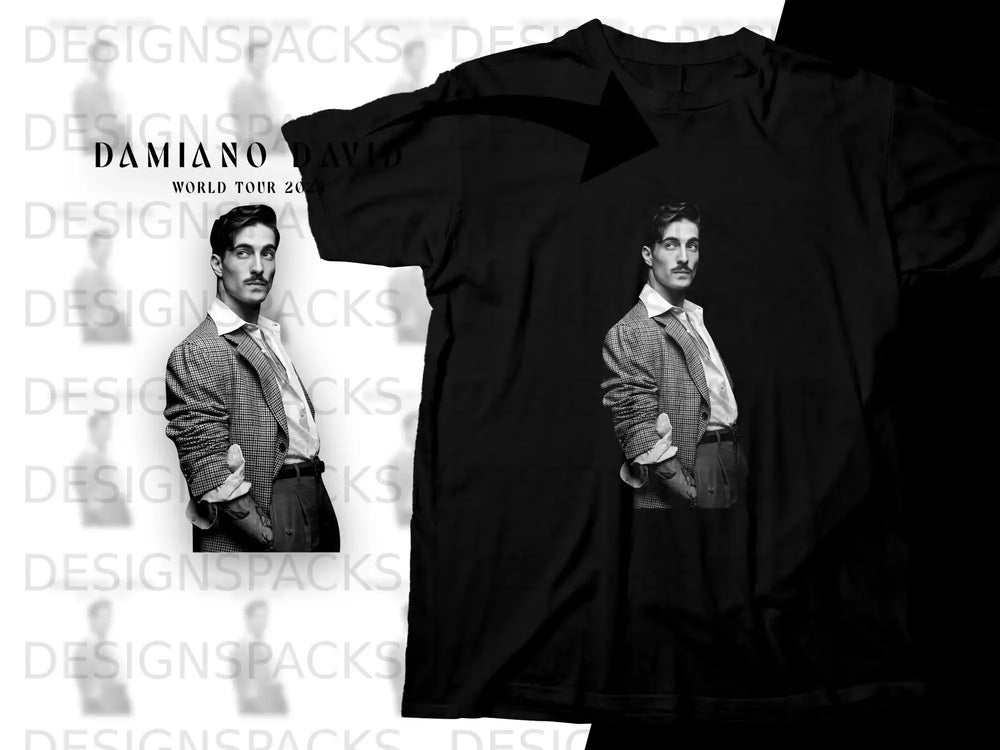 Damiano David World Tour 2025 black t-shirt with artist's portrait.