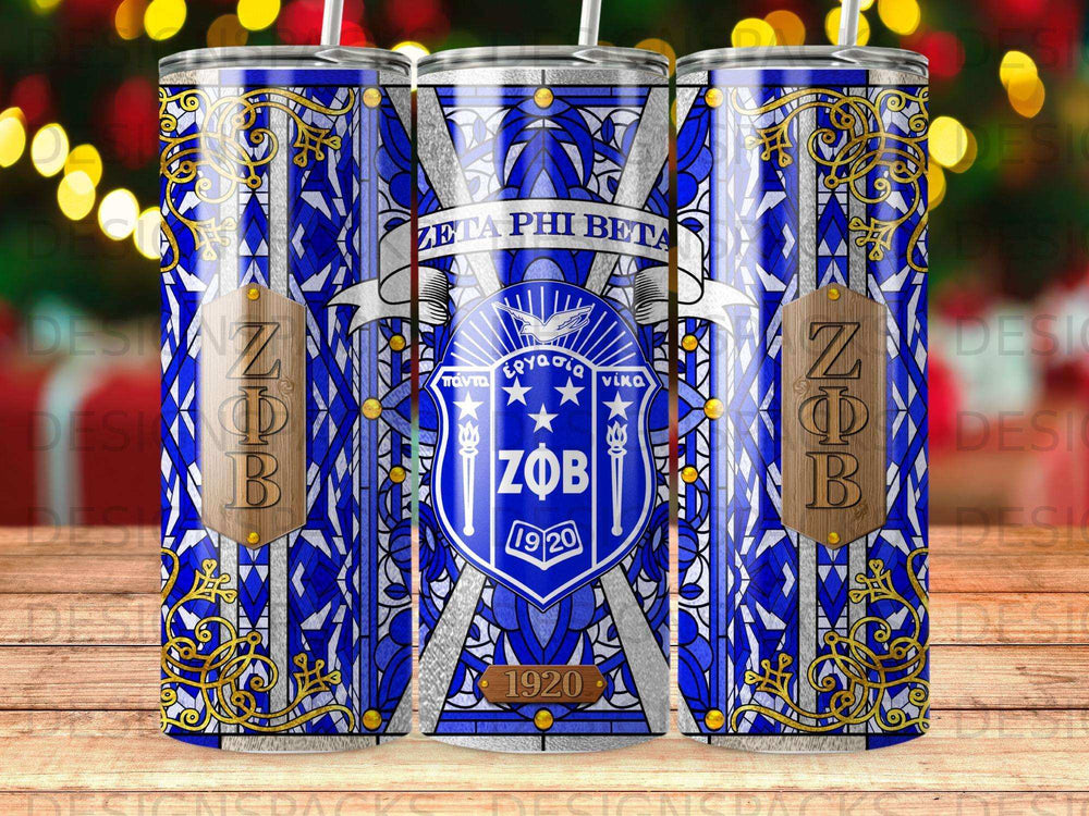Blue tumbler with Zeta Phi Beta crest, Greek letters, and "1920".