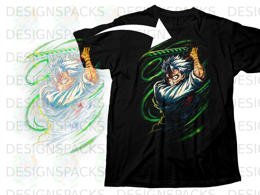 Black t-shirt featuring an anime character with white hair wielding a sword.