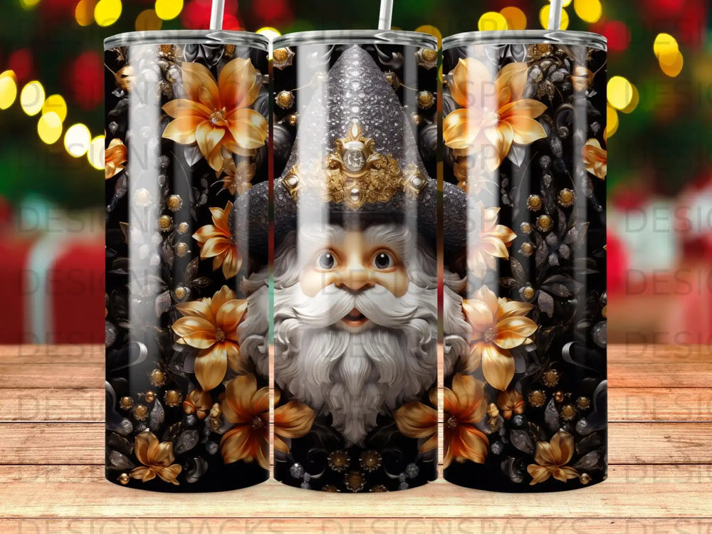 Santa Claus with golden floral accents on a black background.