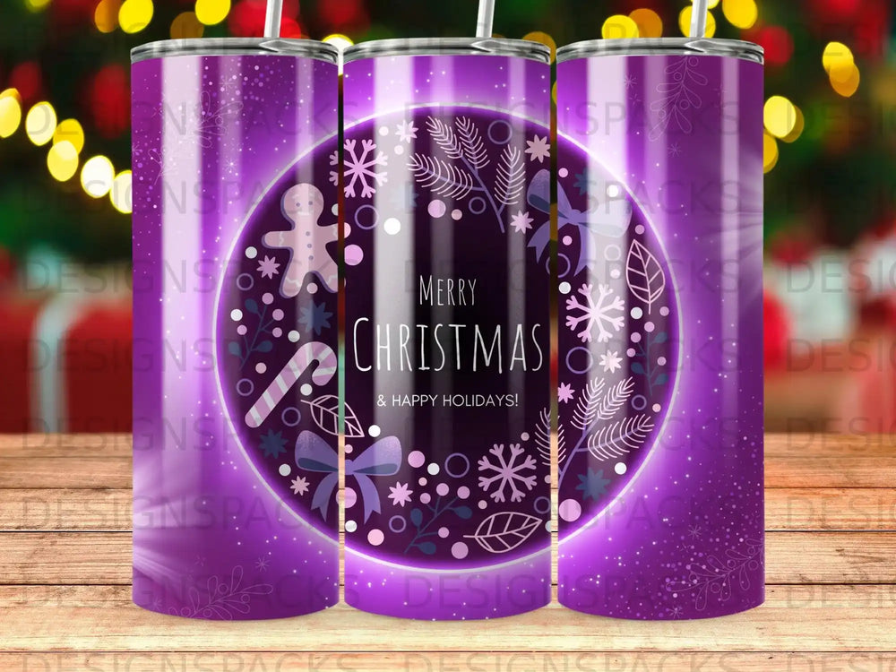 Purple tumbler with "Merry Christmas & Happy Holidays" and festive snowflakes.