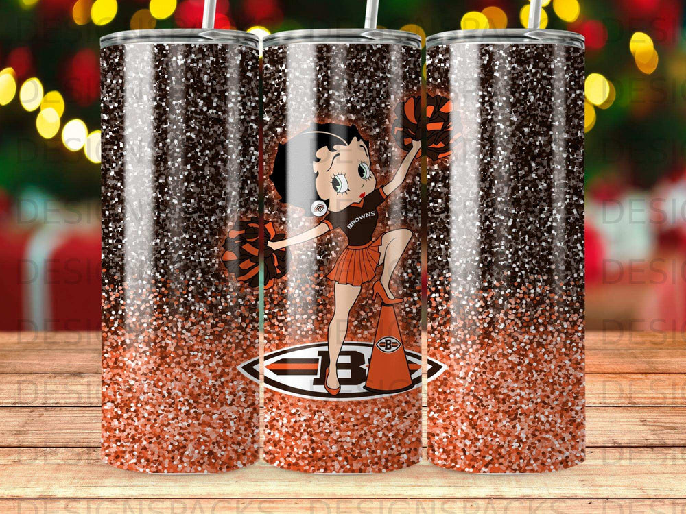 Betty Boop wearing a Cleveland Browns uniform with pom-poms, glittery background.